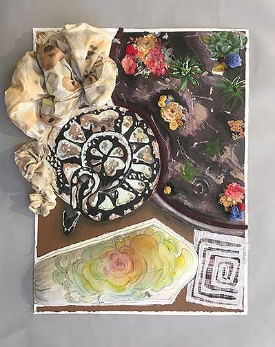 Expression of my growth through imagery of the growth of my pet snake and my houseplants, which live next to the snakes tank. The fabric material used is representational of the natural growing process of eating and shedding of reptiles, specifically my snakes.