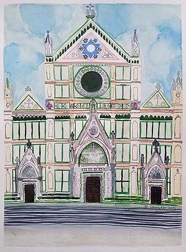 This piece was painted from life in the Piazze di Santa Croce facing the Basilica of Santa Croce during my semester abroad in Florence, Italy. My apartment was 2 blocks from the Church, and I walked by the church every day and spent many afternoons in the square.