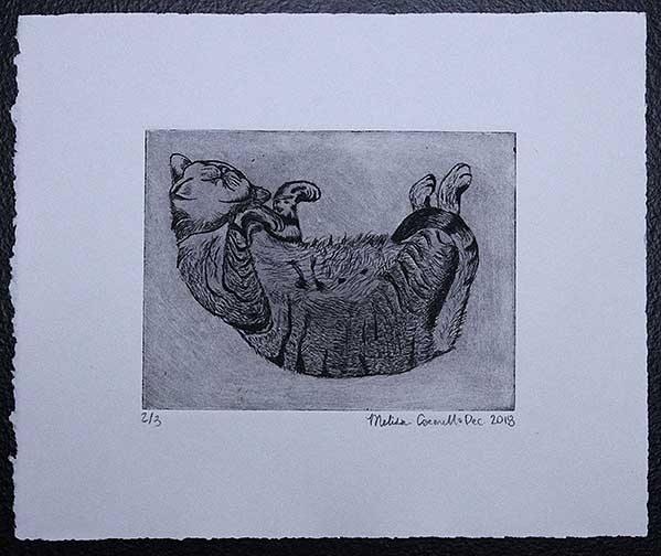 Copper etching made with a chemical bath for Intro to Printmaking. The stray cat was seen in my travels to Italy with my family in 2015