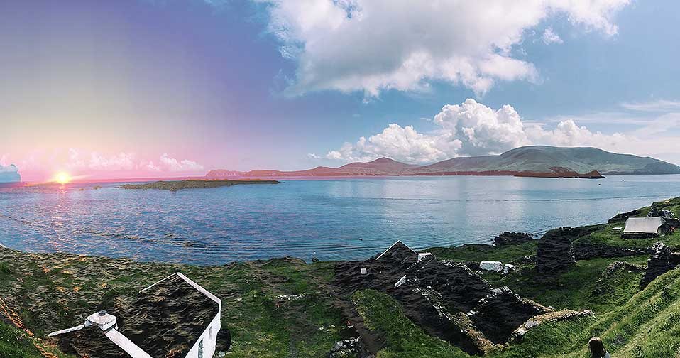 This image was taken and created in Dingle, Ireland. This photograph is a combination of two images (a sunset landscape and an ocean landscape) layered on top of one another. The goal of this image is to capture the Irish landscape from a new perspective.