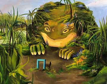 A large oil painting that depicts a massive toad that towers over the trees in a tropical grotto. A blue doorframe sits in the middle of the clearing in front of the large beast, allowing a horse passage like a door from another dimension. The horse is standing in front of the large toad, staring at it while it peers down. 