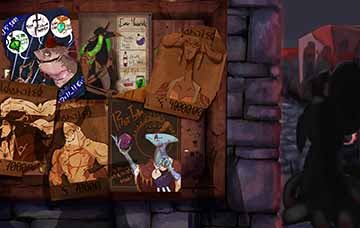 A digital illustration of a wooden board that holds many posters of various events that await in the marketplace behind it. It features a medicine sale, a good deal for enchanted items, and a fortune reading. There are also a few wanted posters with various different characters. Such as a sea captain, a shark humanoid, and a horned alien smuggler.