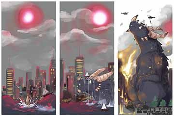 A three-paneled comic featuring a behemoth rising from the waters only to pick up a boat on the top of his head. Oblivious he wanders through the city, destroying things in his path, only to stop and allow for the man in the boat on his head a rescue by helicopter. 