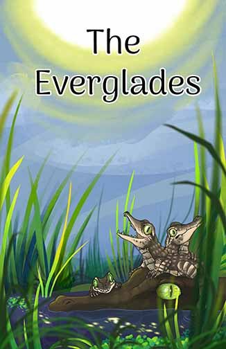 A poster showing the fauna of the Everglades national park. Featuring a group of alligators floating together between the reeds. There are babies sitting on top of its head as it basks in the sun.