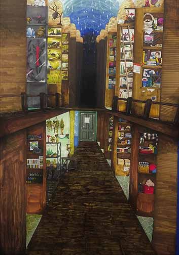 A collage of printed images made to look like a full piece by blending them together with different mediums. It features a view of various library shelves filled with different objects instead of books. Some contain fish tanks of various types of fish, video game references, beetles, snakes, and below there are various rooms containing albums and plants. The library continues onward until it disappears from view, fading into darkness while the ceiling is illuminated by stars hanging from the ceiling.