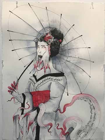 This piece features the full-body depiction of a geisha woman, however, her face and body are slightly altered into a grotesque looking form. Instead of a jaw, her mouth is comprised of two hands, reaching outwards like mandibles as the fingers hide teeth. Her hands are petite yet clawed and from her sleeves writhes tentacles that peek out from the fabric. From the bottom of her kimono, there are also tentacles in the same fashion, curling around her body as she stares at you with blank eyes holding her pap