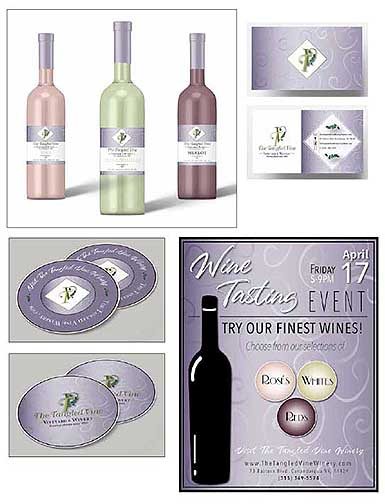 A branding and packaging campaign featuring a poster, wine bottle labels, and coasters.