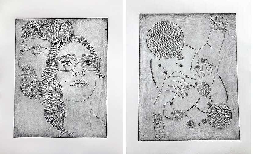 A series of two black and white digital illustrations. 