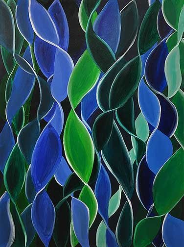 The abstract painting is composed of intertwining ribbon type shapes of different shades of blues and greens