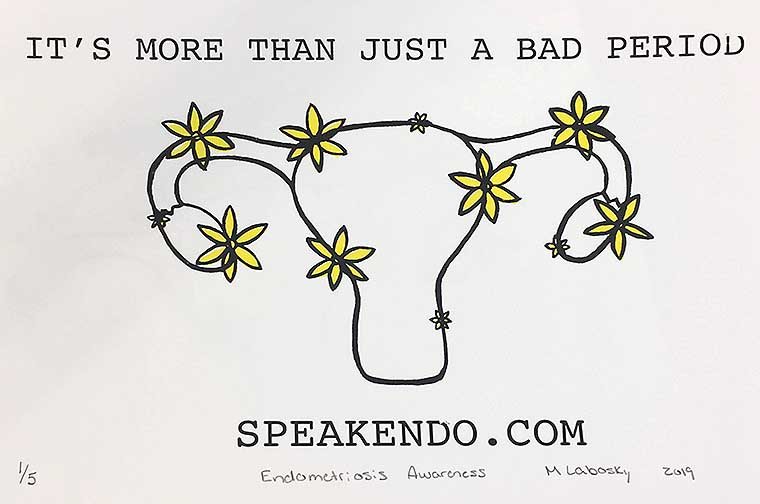 This is a minimalistic black line drawing of a uterus and yellow flowers to symbolize the pain the Endometrios inflicts to those who suffer from it. The print also features the text “It’s more then just a bad period”