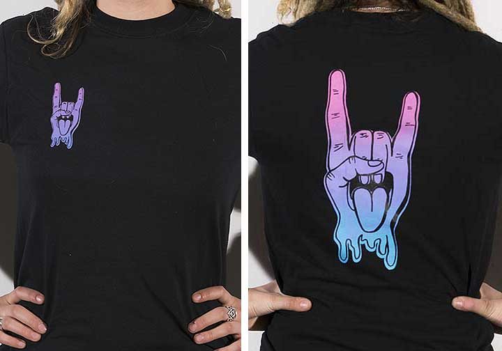 A screen print of a hand and tongue on the back of a black shirt.