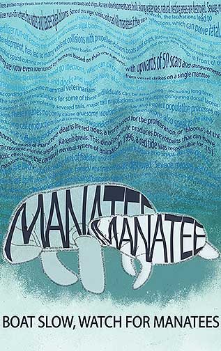 A mother and baby manatee created completely out of text in a background also created out of text.