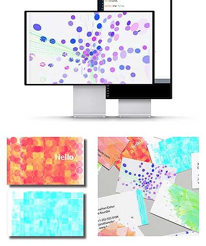 Mockup of a geometric pattern animation and cards.