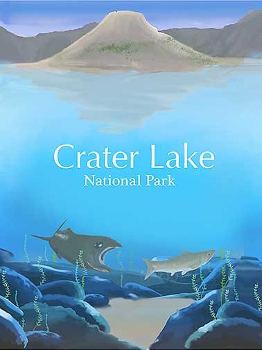 Travel poster with detailed illustration or Crater lake National park.