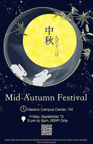 Event Poster advertising an event for Mid-Autumn Festival. It features two bunnies and a full moon.