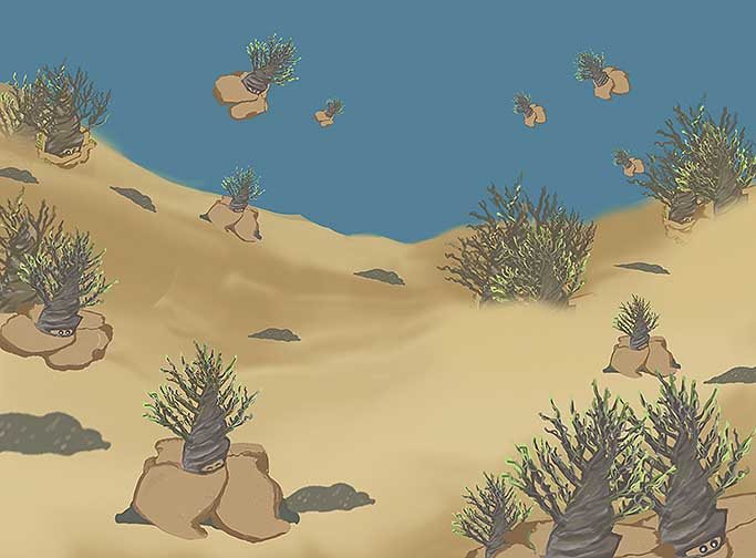 Detailed illustration showcasing a hybrid crab. The scene is at the bottom of the ocean with many hybrid crabs roaming around.