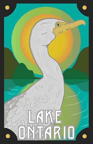 This is a piece inspired by Alphonse Mucha. The setting is a scenic sunrise on Lake Ontario. The profile view of a cormorant bird in the foreground is surrounded by bright hills on either side. A black border encompasses the picture and frames the landscape. The words Lake Ontario are in white and centered at the bottom of the black bordered frame.