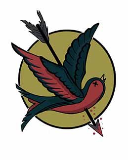 A crimson and navy cartoon swallow has an arrow piercing through the body. The bird has crossed out eyes the sun shining brightly behind it.