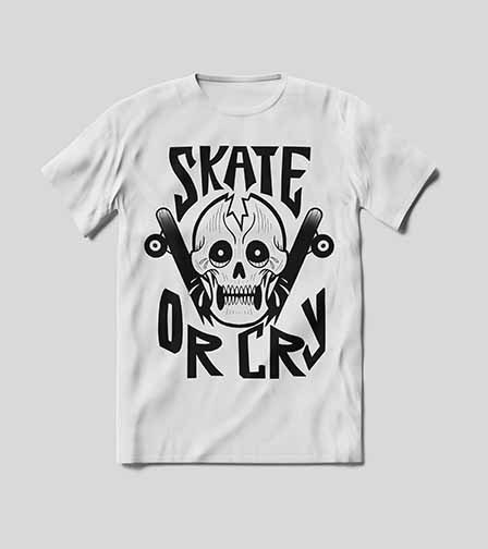 This black and white shirt has a stylized cracked skull crying in the top center of the shirt. Underneath there is a skateboard cracked in half with graffiti style lettering surrounding the two images. The words read skate or cry.