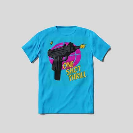 This bright blue shirt features a cartoon style black and grey uzi gun shooting bullets. The scope target behind the gun is bright bubblegum pink. The lettering which reads One Shot Thrill is staggered at a slight angle and looks like comic book lettering.