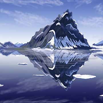 Blue and grey mountains are in the distance of this landscape.These massive mountains are also reflected in the body of water in the foreground.