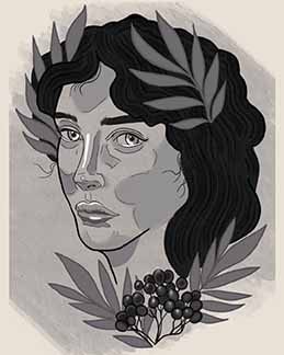 This black and grey piece features a Greek woman looking towards the viewer with olive branches in her hair. A bushel of an olive plant and leaves encompass the woman.