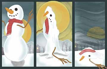 This whimsical before, during, and after features a snowman melting. The first panel shows a cartoon snowman in the middle of a field on a farm with the sun rising behind the hills. The next frame depicts a glaring sun radiating and starting to melt the snowman as the day proceeds. The last panel shows the wind howling and a puddle of snow with the sun receding behind the hills.