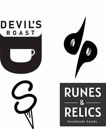 Four black and white vector logos. The words Devils Roast is sitting on top of a capital D turned on the side with a coffee cup in the negative space. A sharp lowercase d and p are next to one another on an angle to form the logo for the website Designed Personally. The Scoop logo design has a capital S to mimic two scoops of ice cream atop a cone. The last logo shows the words Runes &amp; Relics typed inside a rounded square with an amperstamp separating them