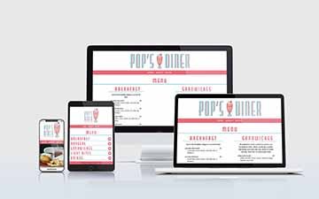 50s themed diner website displayed at various screen sizes including iPhone, iPad, Macbook and iMac