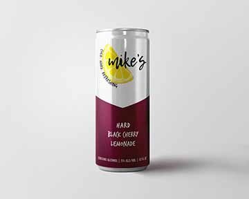 tall can of mike’s hard lemonade, with minimalist packing and branding focusing on a dark maroon color to coincide with the black cherry flavor