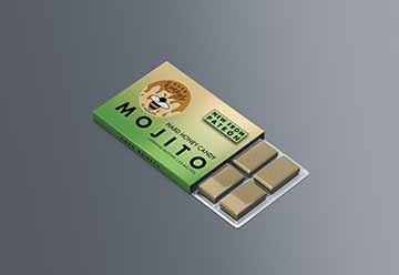 hard honey candy that appears in a slide-out gum wrapper package, colors blend in a gradient from muted yellow to green to mimic those of a mojito