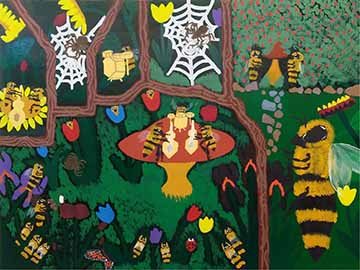 From top left to bottom right, a group of bees gathers materials to construct guitars and drums. Getting the guitar strings from a garden spider. The Queen Bee attends their performance as do the spider, other bees, a Monarch Butterfly, and a Lady Bug.