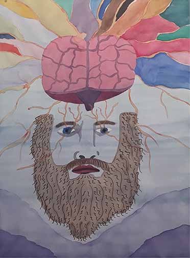 An abstract self-portrait with the brain floating out of the head with energy being discharged from the brain and the eyes reflecting the non-stop flow of thoughts in the ADD brain.