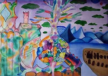 An abstract landscape with a brain, centered in the bottom of the image, with a tree of knowledge growing from it to the left of the brain is an abstract castle painted using the wet-on-wet technique; to the right of the brain is a small village with a mountain range behind it.