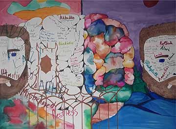 On the left side, the text and half-portrait reflect negativity, bullying, and criticism. On the right side, the text and half-portrait reflect positivity and creativity.