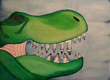 A Tyrannosaurus head with its teeth replaced with the light tower from the Two Lights in Cape Elizabeth Maine, a frequent subject matter of the 20th Century painter Edward Hopper.