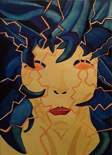 A portrait of a female fantasy character with blue hair and orange lightning emerging from her eyes.