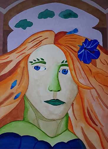 A portrait of a female fantasy character with blue flowers growing out of her orange hair.