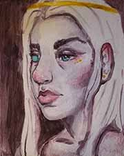 A partially blind woman stares to her right.