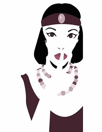 A minimalist rendition of a  flapper looks directly at the viewer with the outline of a finger over her lips.