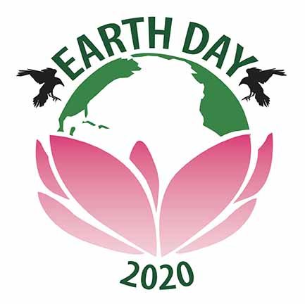 A lotus flower blooms beneath planet Earth while two crows circle around the planet