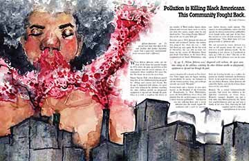 a black man to the left of frame is breathing in blood red fumes. The fumes fade to the right of frame and goes almost immediately into the text of the magazine.