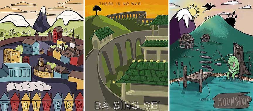 Fantasy illustrations depicting the fictional places to visit.