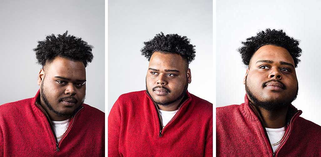 A portrait series of a man in a red sweater.