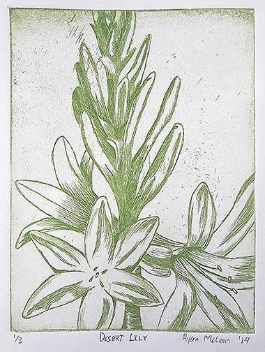 Three open flowers on a long branching stem is depicted in green. Lines were used for shading in this piece.
