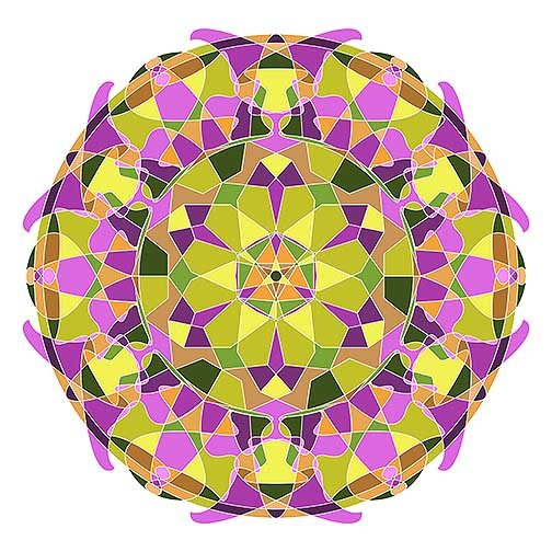 The piece is a large circle made up of green, yellow, and purple geometric shapes. An outer ring around the circle is made up of organic shapes of the same colors.