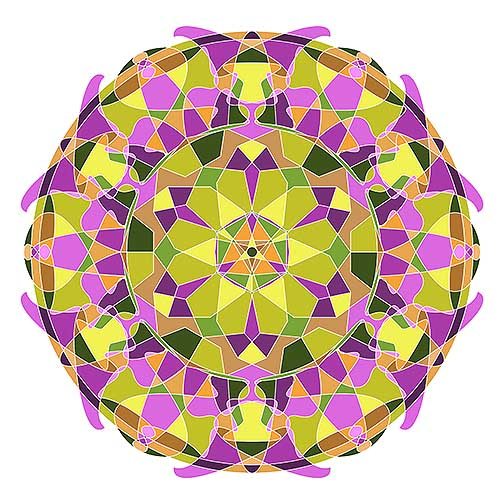 The piece is a large circle made up of green, yellow, and purple geometric shapes. An outer ring around the circle is made up of organic shapes of the same colors.