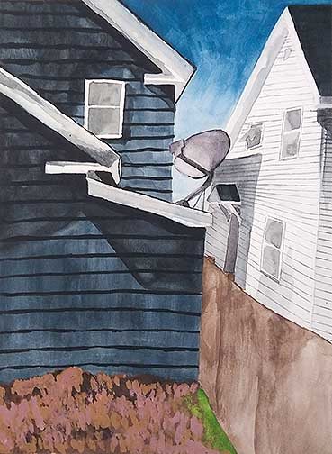 This painting depicts a dark blue house and a white house that are separated by a fence.