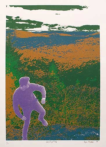 Blue, green, and orange are used to depict a mountainous landscape. In the foreground is a young man in the motion of throwing a rock; he is printed in purple.