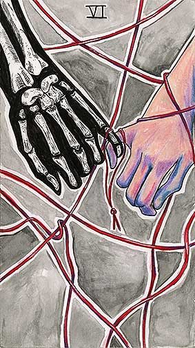 Pictured are two hands holding each other by the pinky fingers.One of the hands is skeletal and outlined in black while the other hand is fleshy and full of life. A red string weaves itself throughout the piece, wrapping around the joined fingers.